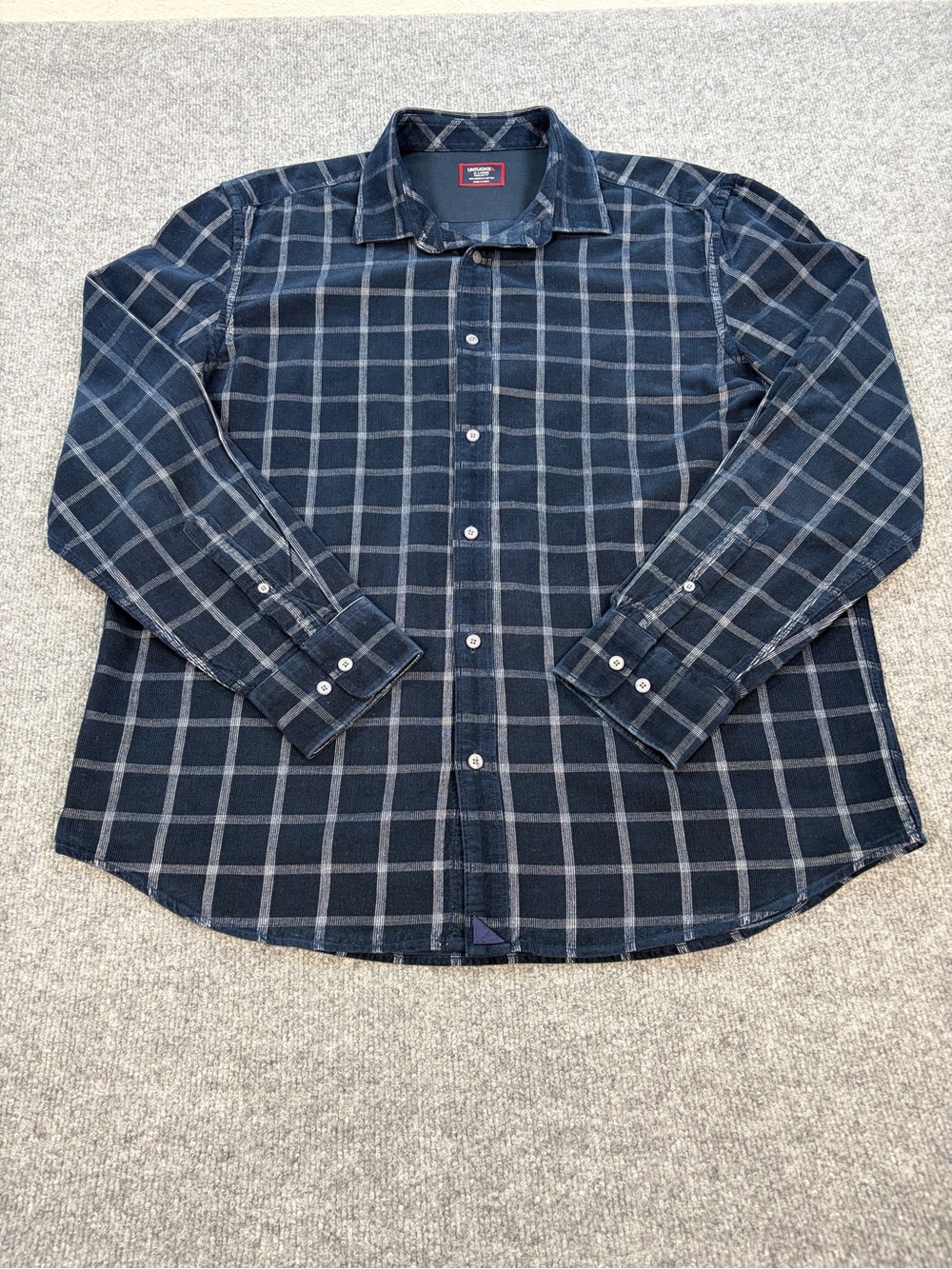 UNTUCKit Fair Trade Navy Windowpane Micro Cord Long Sleeve Button Down Shirt XL